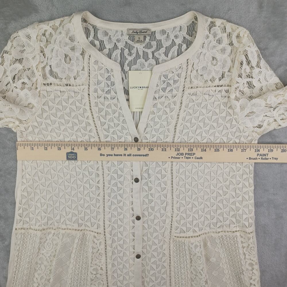 Lucky Brand Womens Boho Lace Button Up Top Cream Size Small Romantic Coquette - Picture 9 of 11